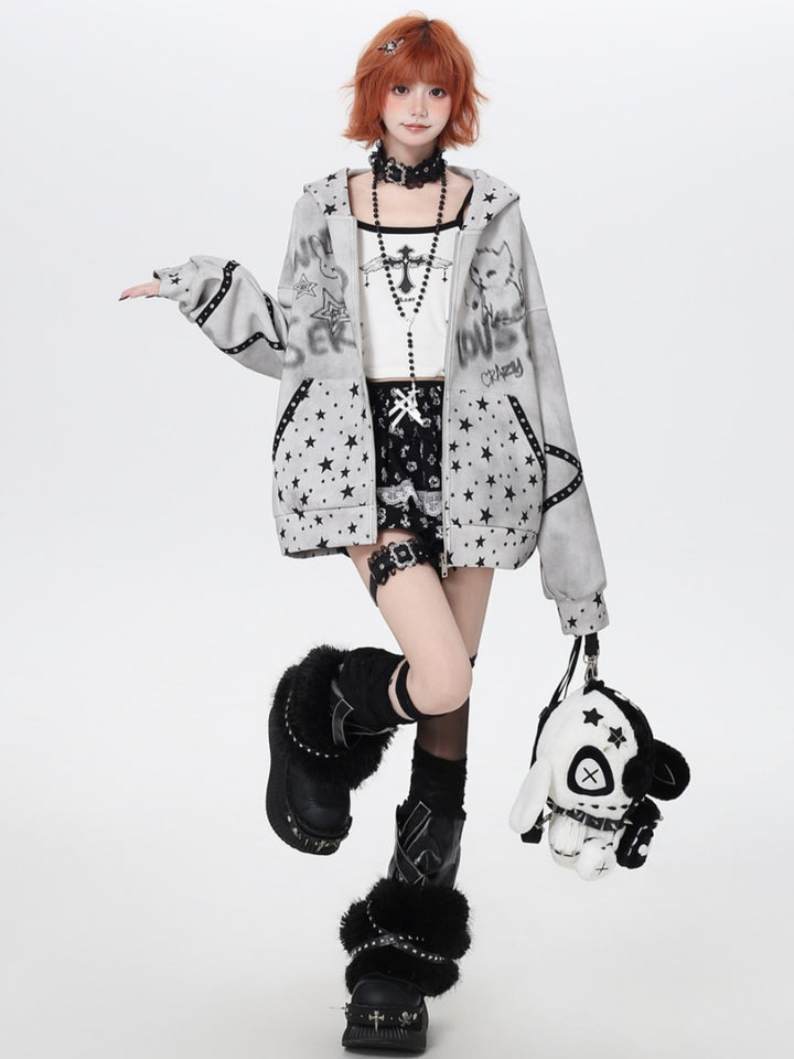 Vintage Grunge Star Cat Ear Zip-up Hoodie