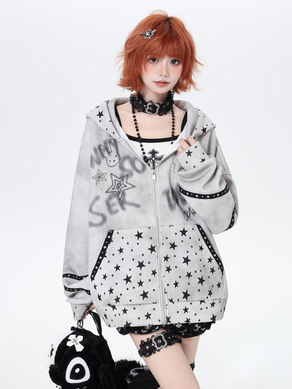 Vintage Grunge Star Cat Ear Zip-up Hoodie