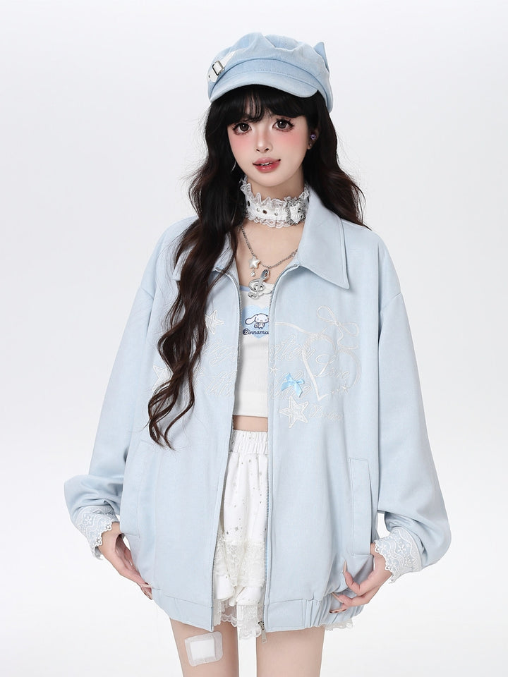 Fairytale Blue Ribbon Embroidery Oversized Jacket