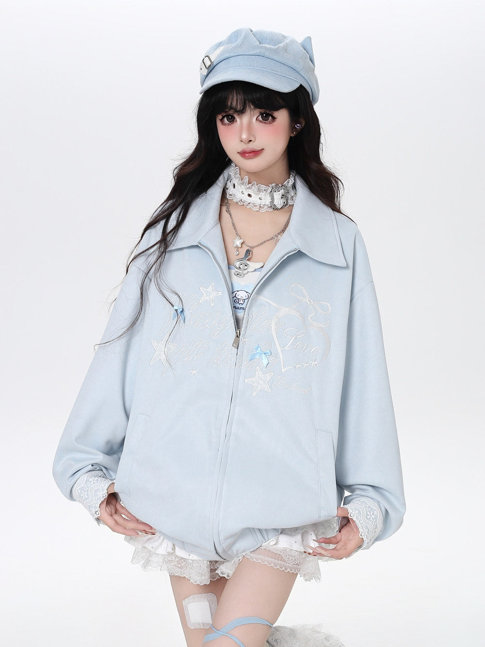 Fairytale Blue Ribbon Embroidery Oversized Jacket