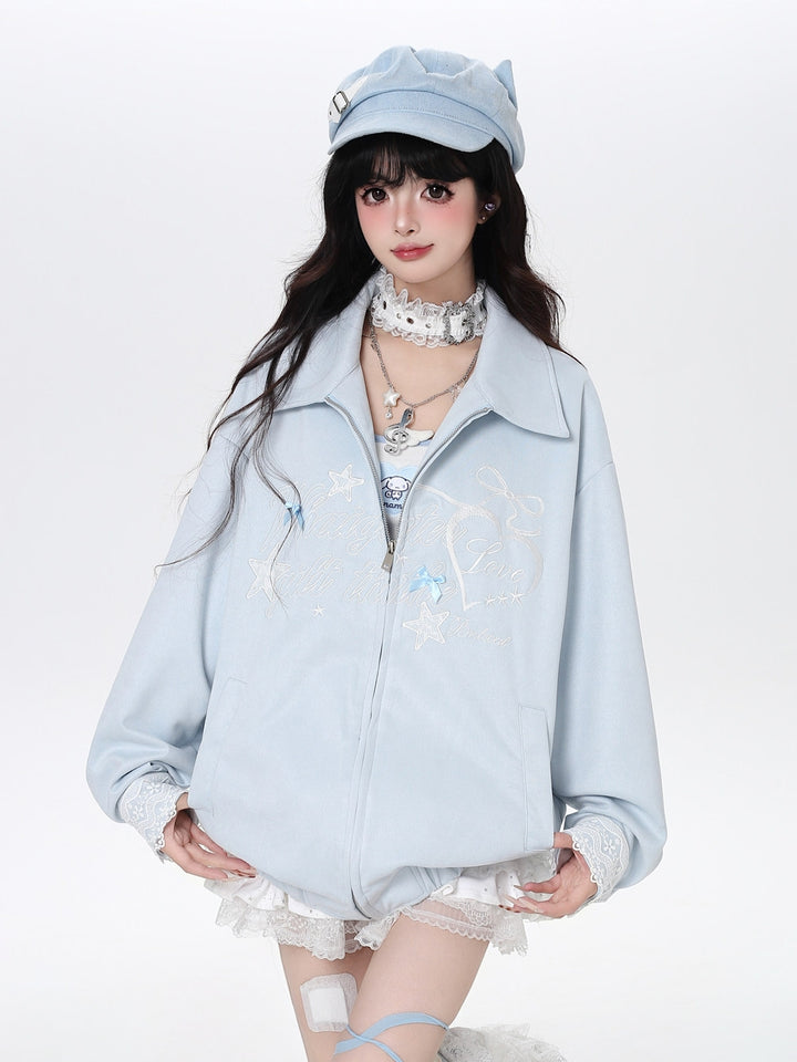 Fairytale Blue Ribbon Embroidery Oversized Jacket