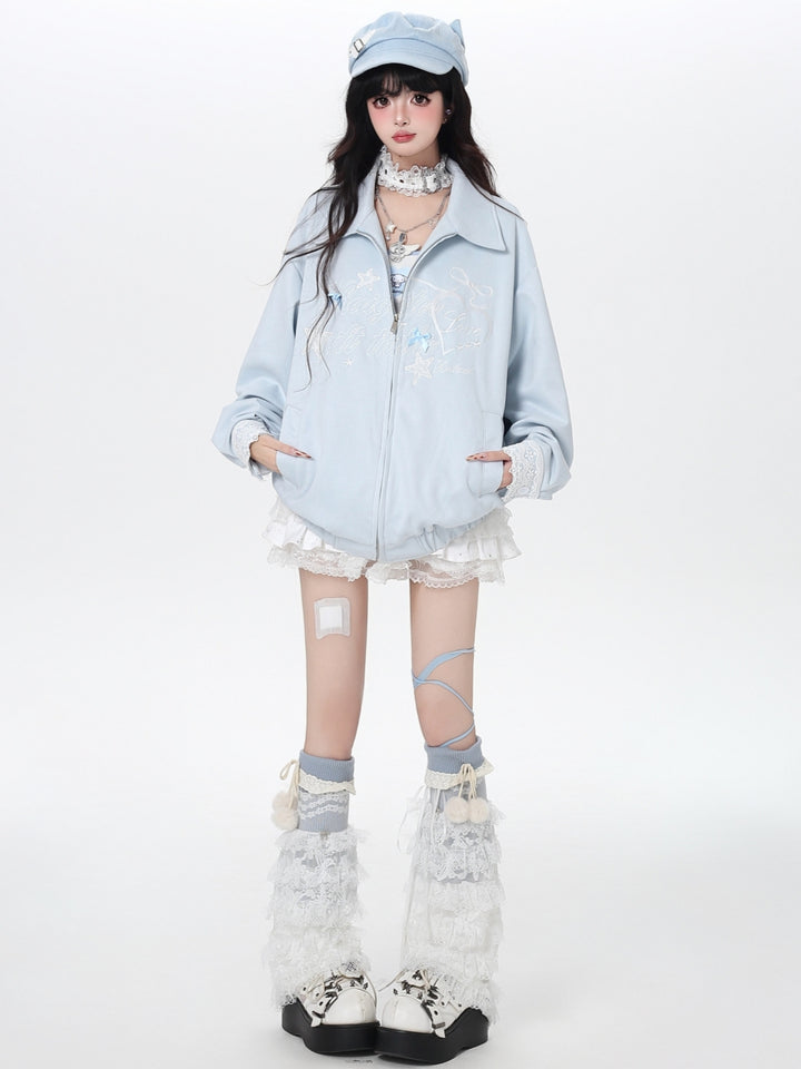 Fairytale Blue Ribbon Embroidery Oversized Jacket