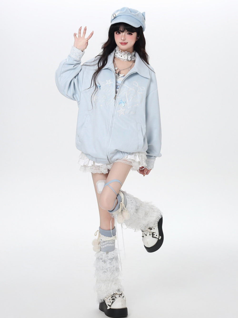 Fairytale Blue Ribbon Embroidery Oversized Jacket