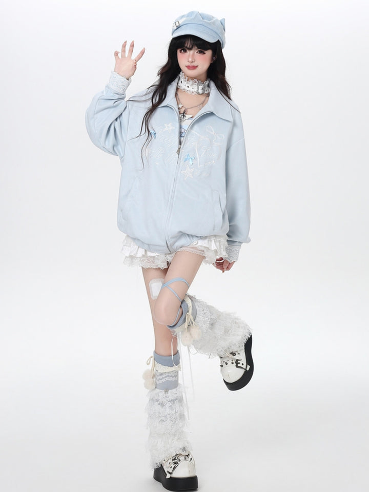 Fairytale Blue Ribbon Embroidery Oversized Jacket