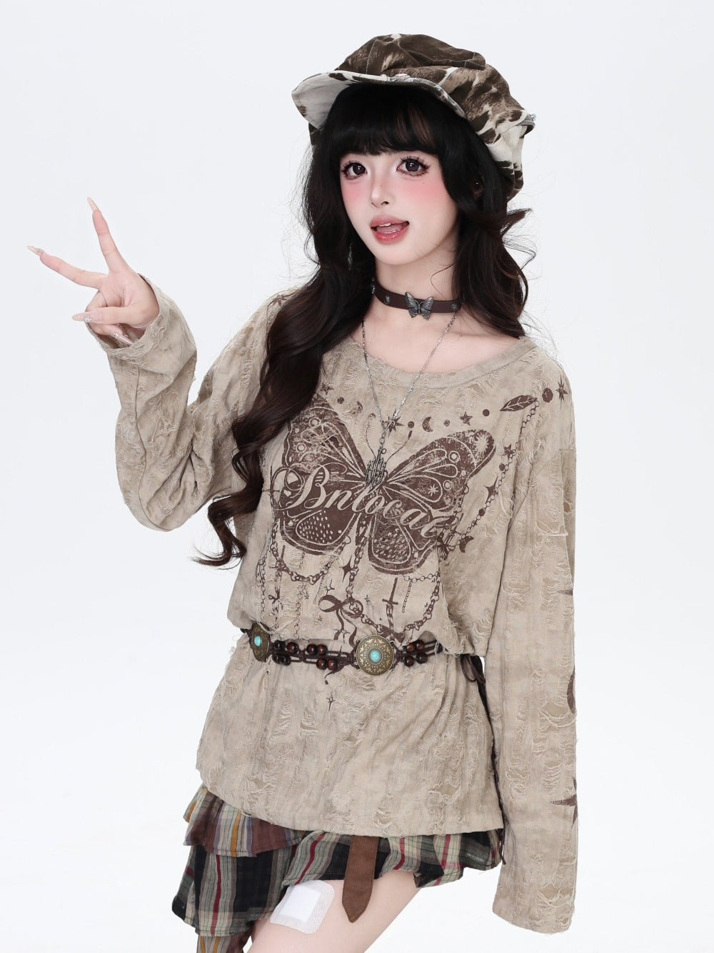 Mori Distressed Butterfly Print Long Sleeve Tops