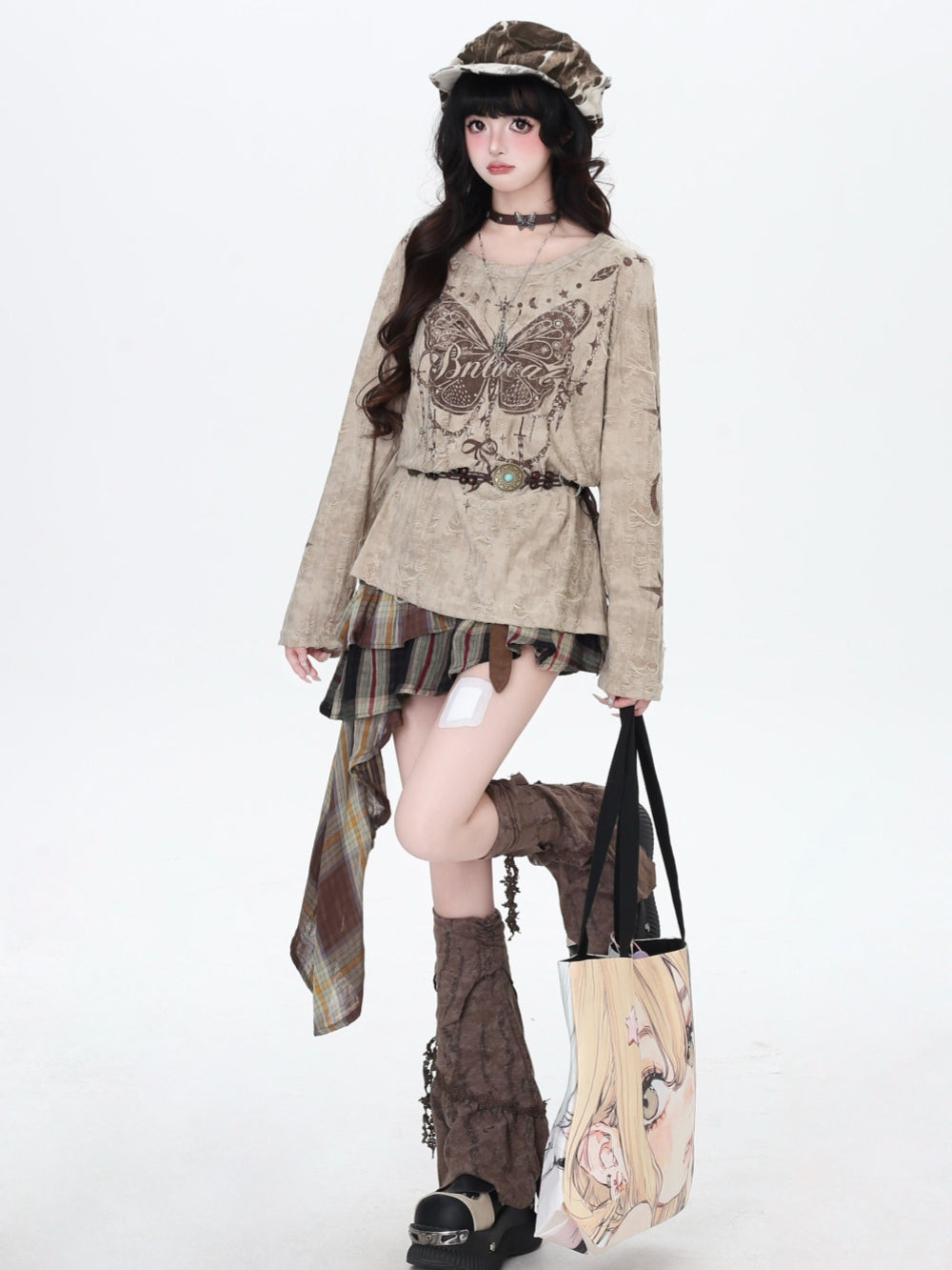 Mori Distressed Butterfly Print Long Sleeve Tops