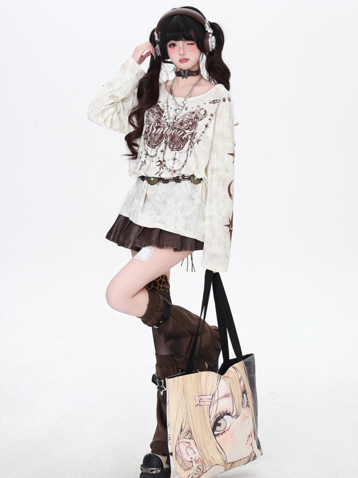 Mori Distressed Butterfly Print Long Sleeve Tops