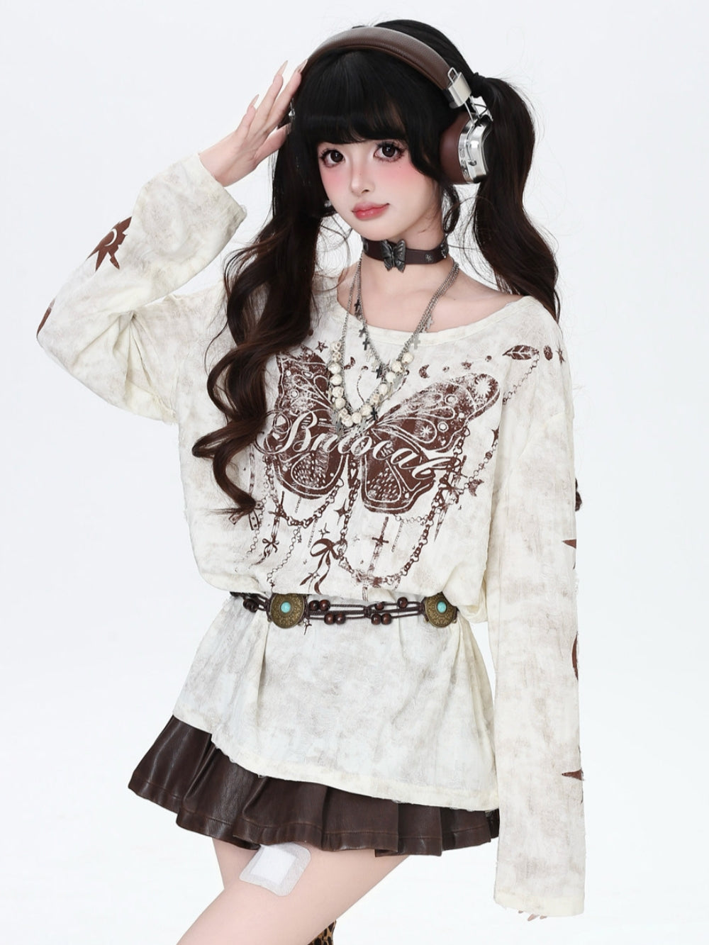 Mori Distressed Butterfly Print Long Sleeve Tops