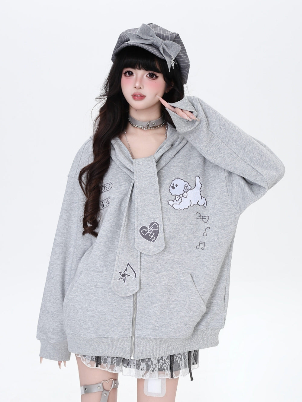 Harajuku Tie Decor Bunny Ear Hoodie