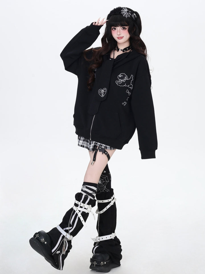 Harajuku Tie Decor Bunny Ear Hoodie