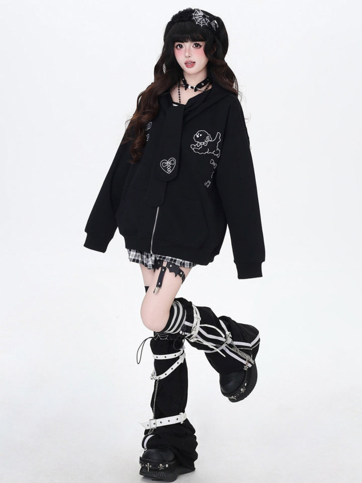 Harajuku Tie Decor Bunny Ear Hoodie
