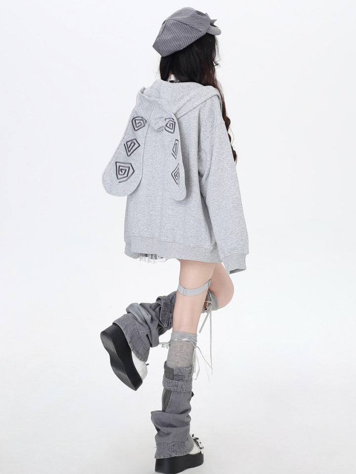 Harajuku Tie Decor Bunny Ear Hoodie