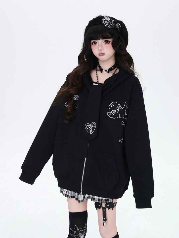 Harajuku Tie Decor Bunny Ear Hoodie