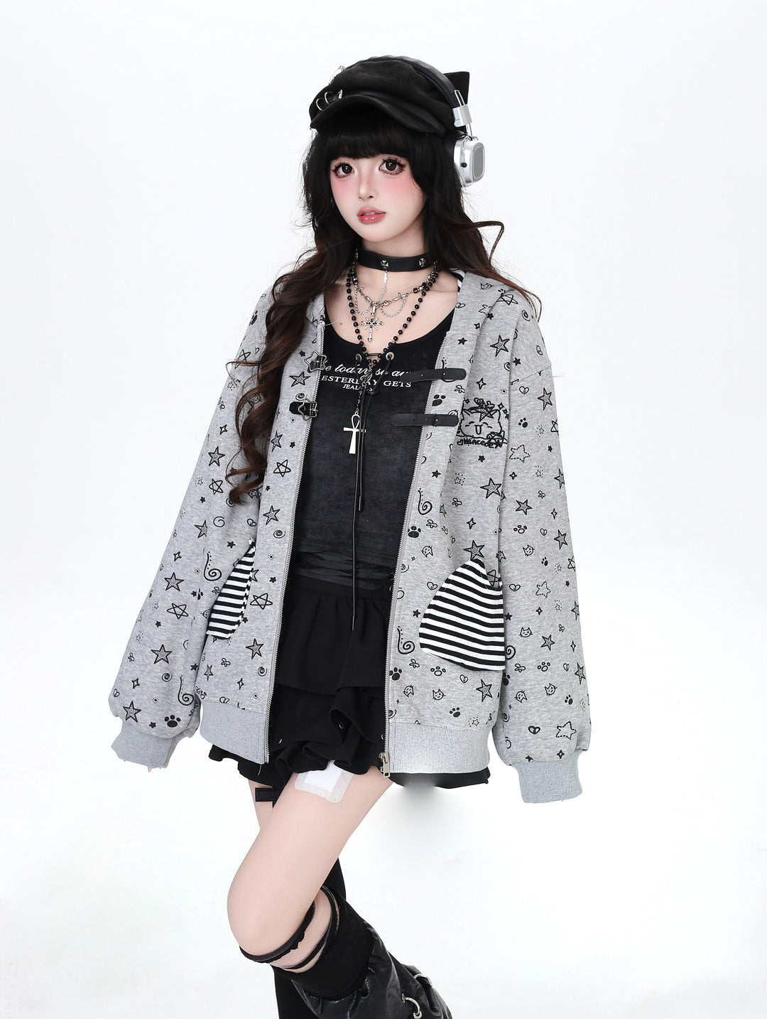 Vintage Grunge Star Cat Ear Buckle Hoodie