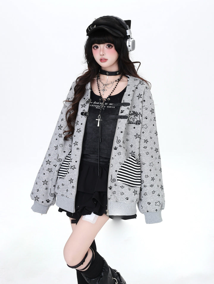 Vintage Grunge Star Cat Ear Buckle Hoodie