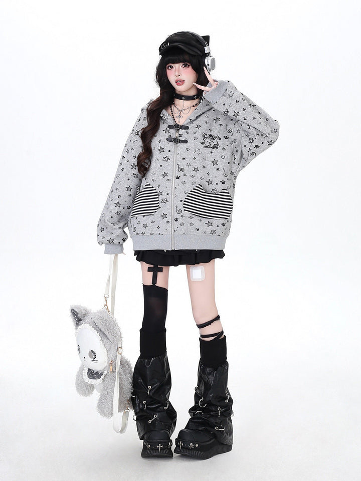 Vintage Grunge Star Cat Ear Buckle Hoodie