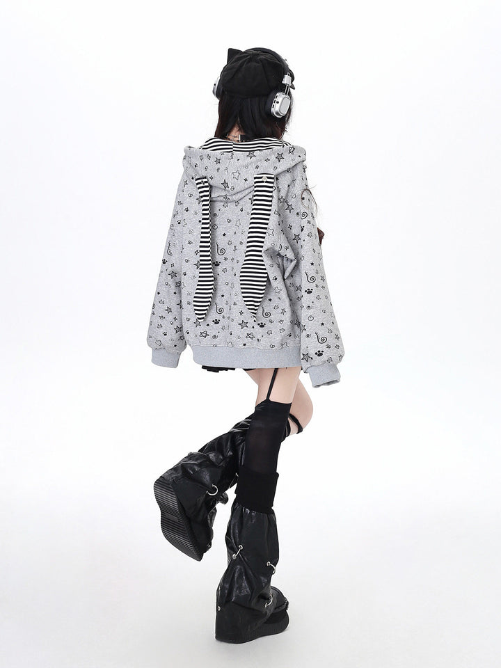 Vintage Grunge Star Cat Ear Buckle Hoodie