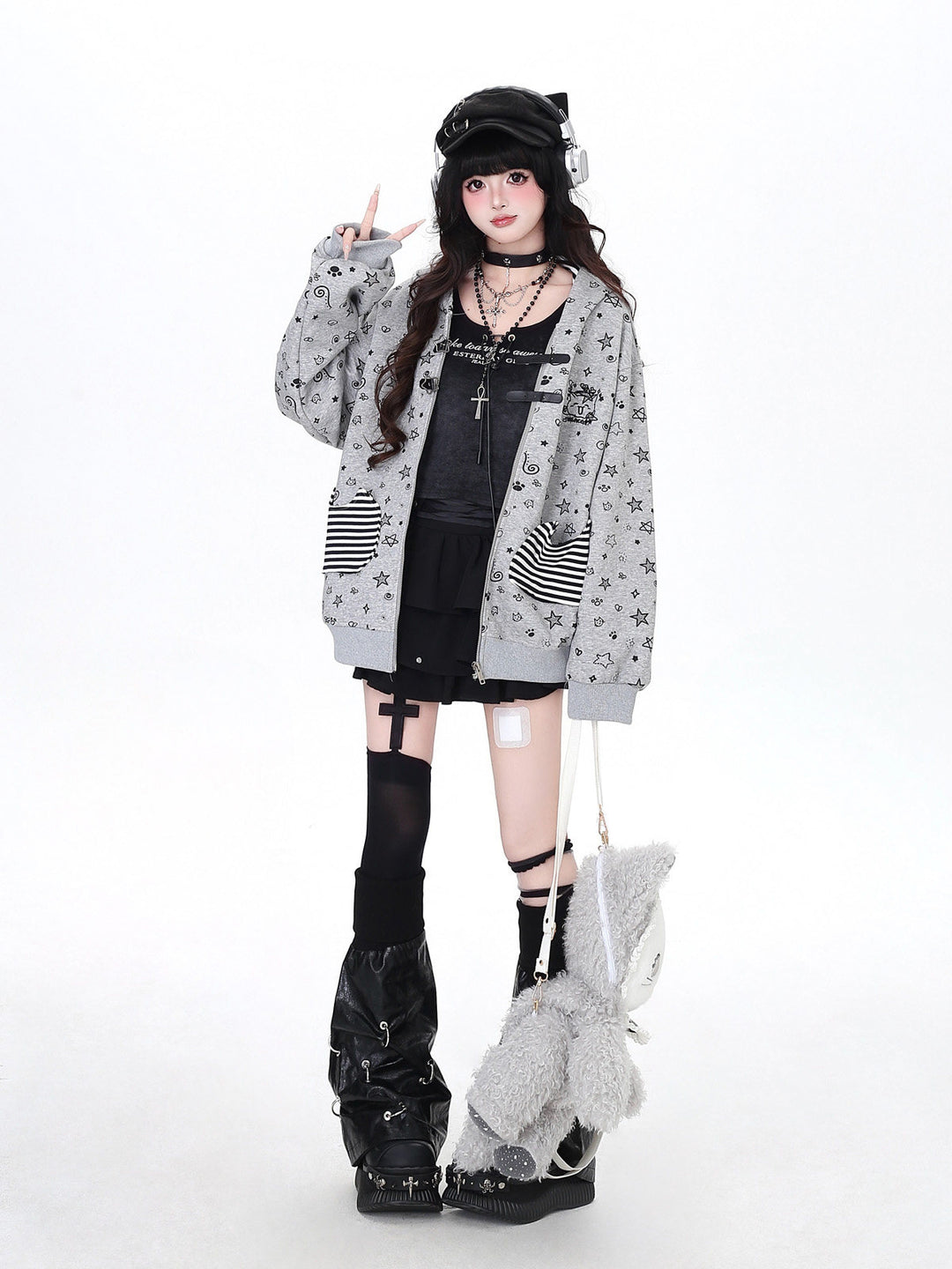 Vintage Grunge Star Cat Ear Buckle Hoodie