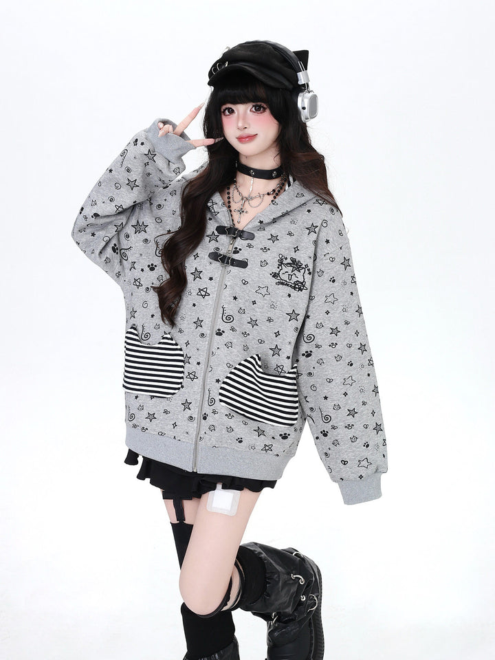 Vintage Grunge Star Cat Ear Buckle Hoodie
