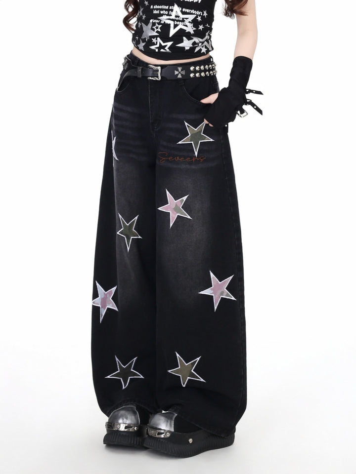 Vintage Grunge Camo Star Wide Leg Jeans