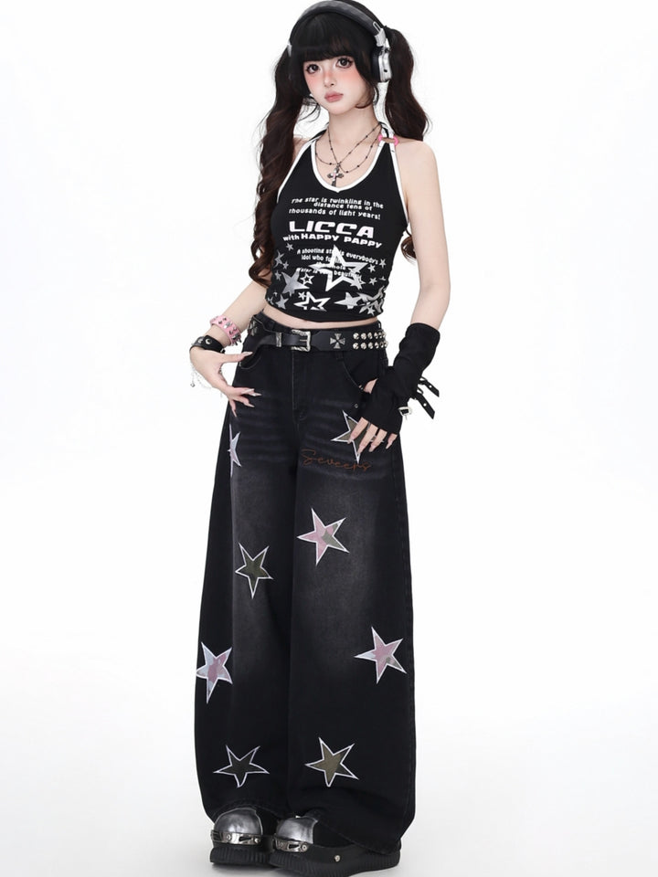 Vintage Grunge Camo Star Wide Leg Jeans