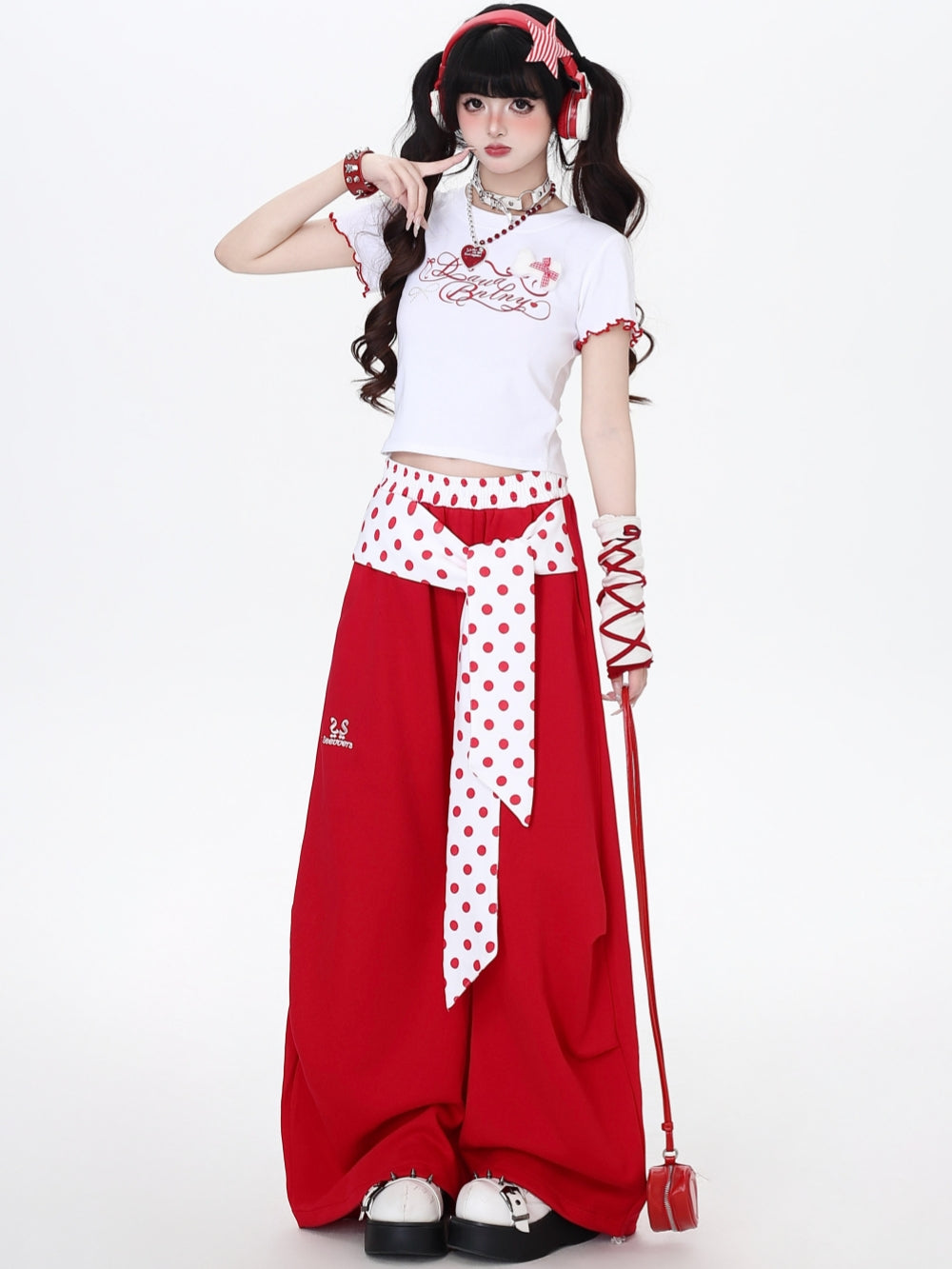 Polka Dot Belted Wide Leg Baggy Pants