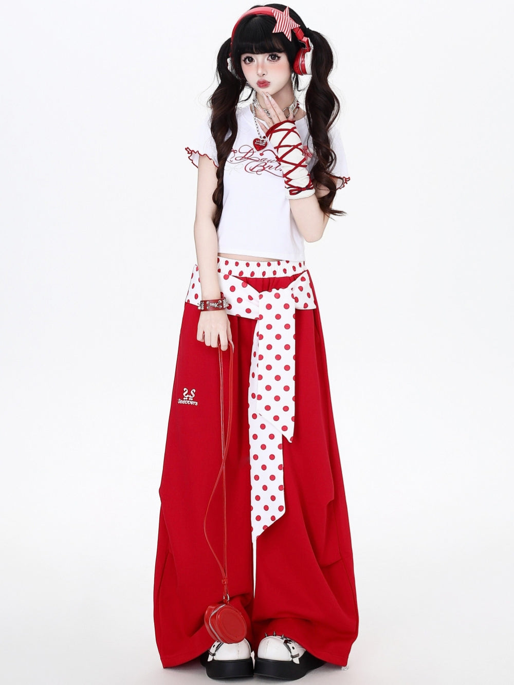 Polka Dot Belted Wide Leg Baggy Pants