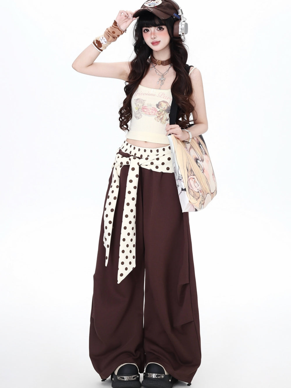 Polka Dot Belted Wide Leg Baggy Pants