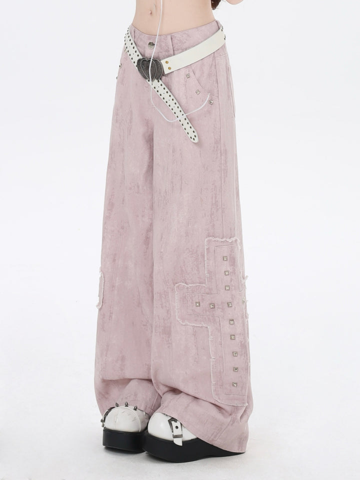 Vintage Pink Cross Rivet Baggy Pants