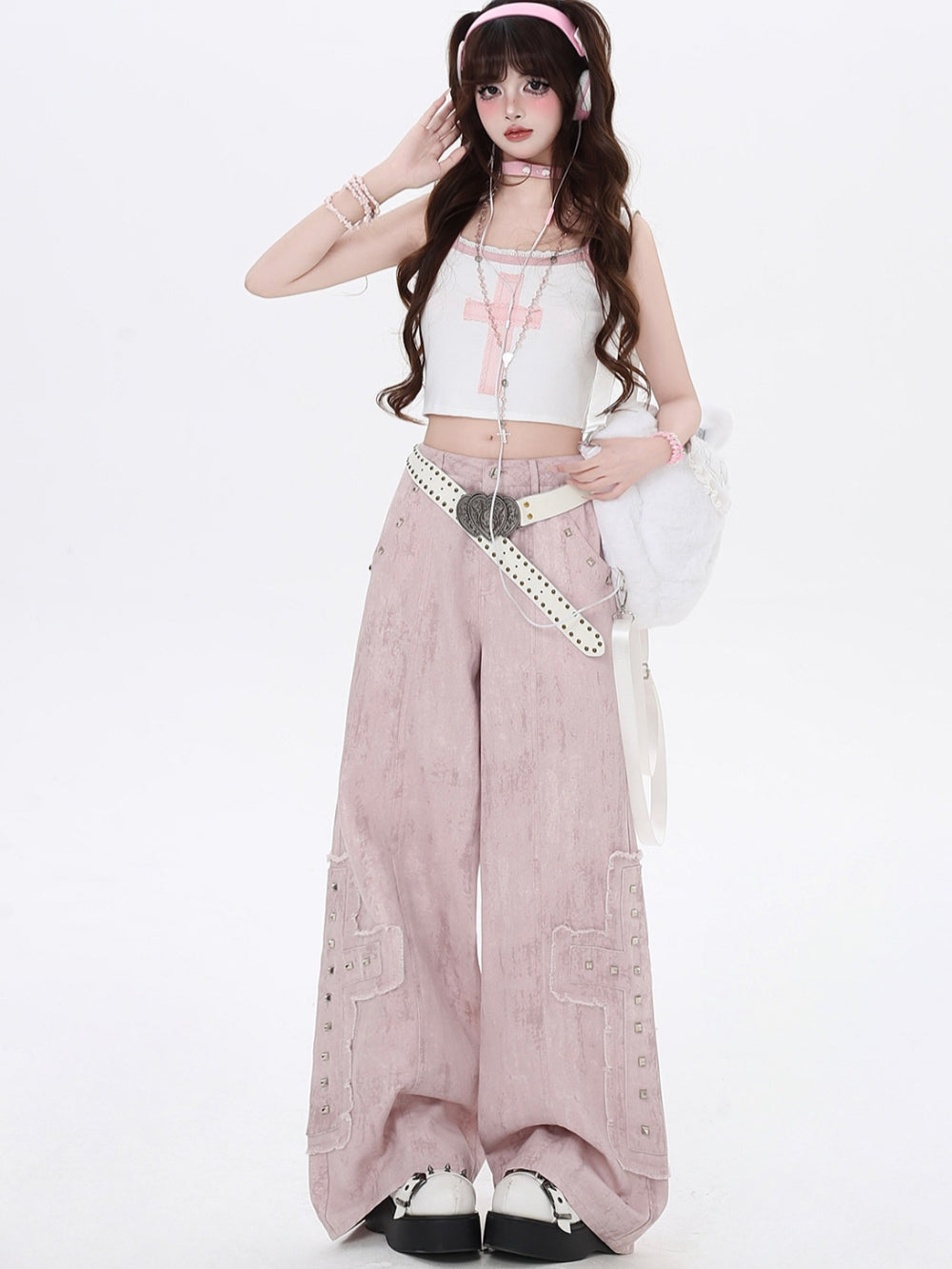 Vintage Pink Cross Rivet Baggy Pants