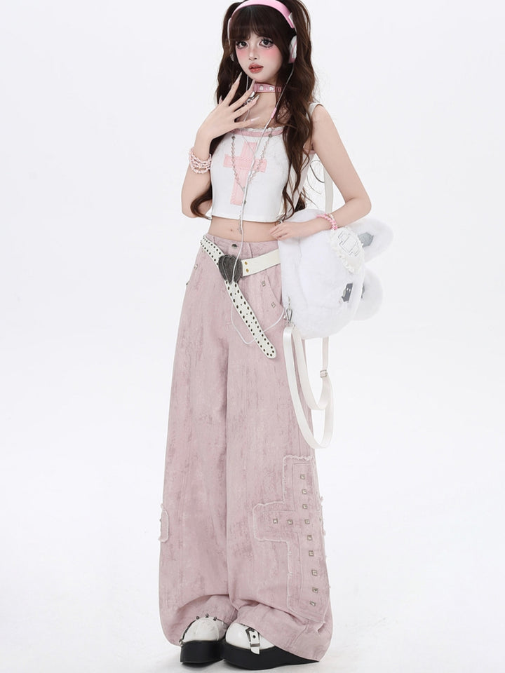 Vintage Pink Cross Rivet Baggy Pants