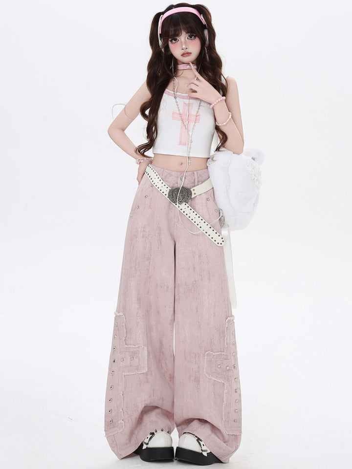 Vintage Pink Cross Rivet Baggy Pants