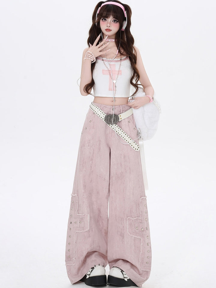 Vintage Pink Cross Rivet Baggy Pants