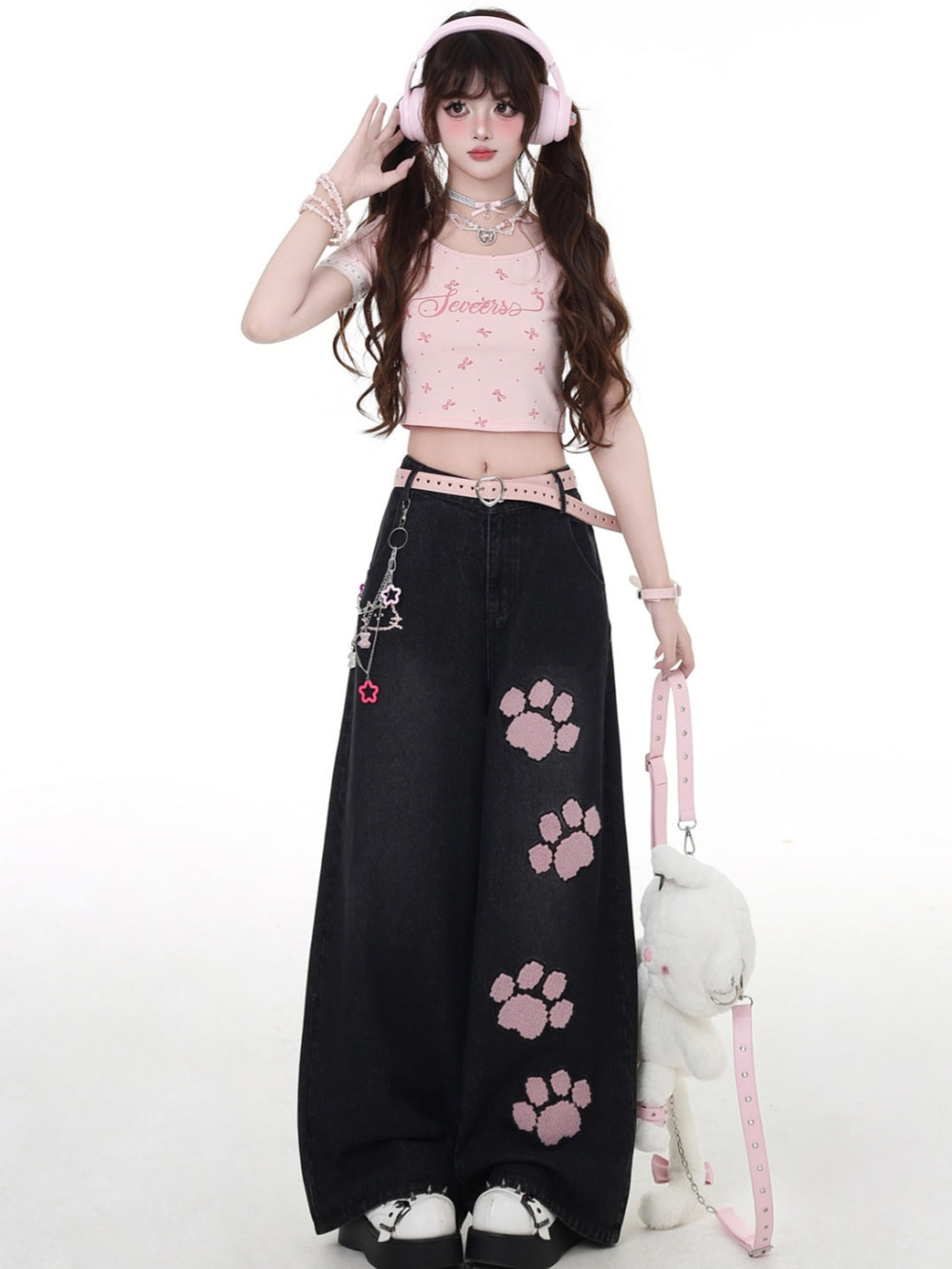 Sweet Punk Pink Paw Patch Baggy Jeans