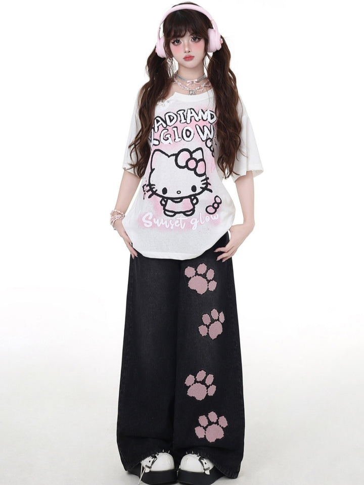 Sweet Punk Pink Paw Patch Baggy Jeans