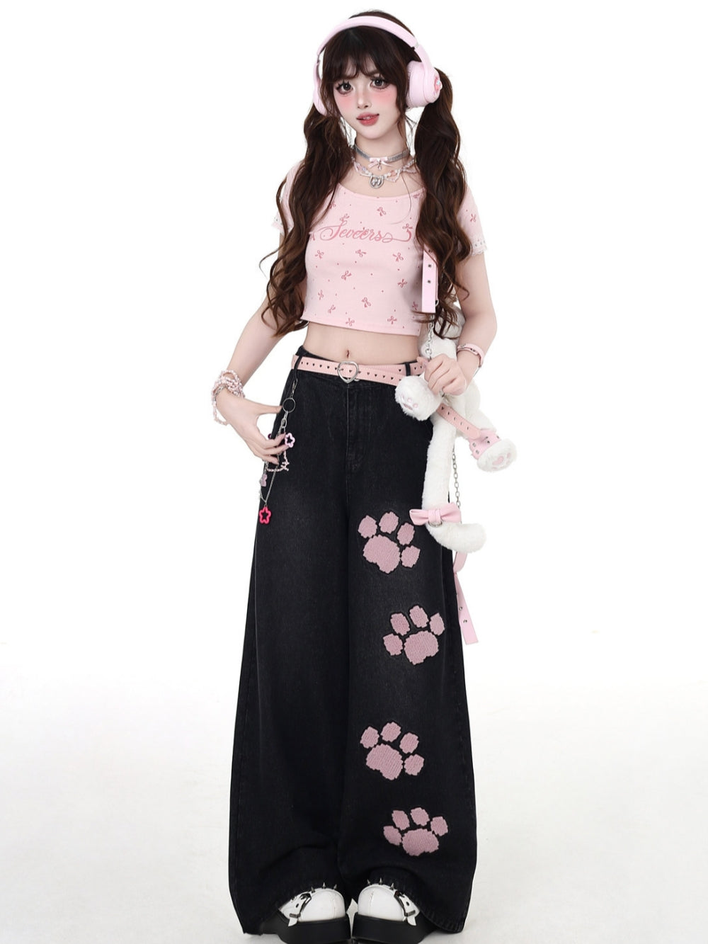 Sweet Punk Pink Paw Patch Baggy Jeans