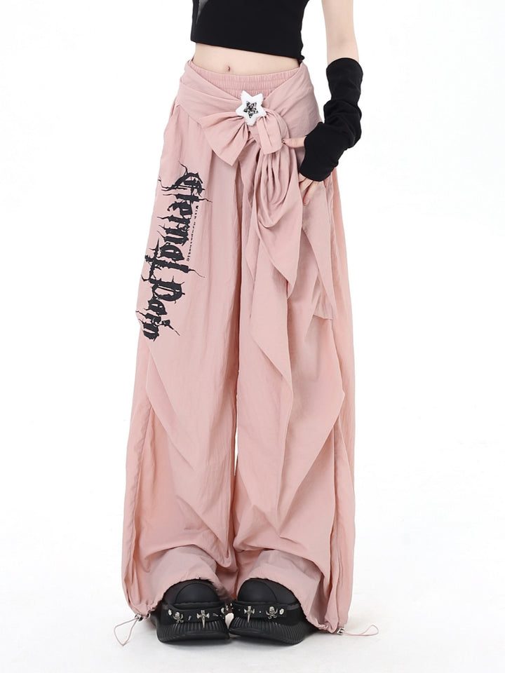 Gothic Bow Accent Graphic Wide Leg Pants