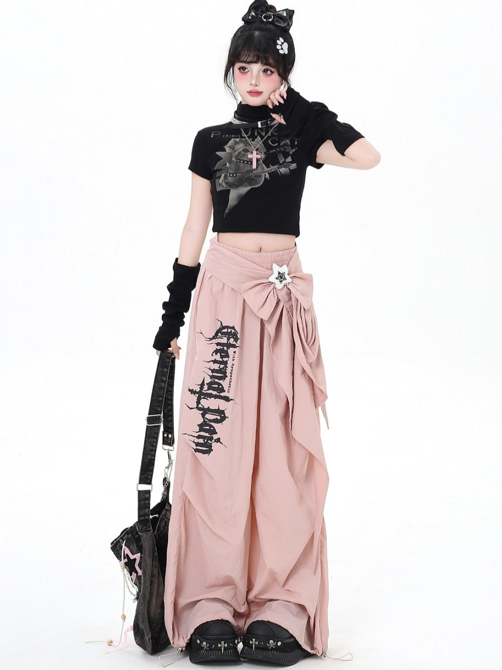 Gothic Bow Accent Graphic Wide Leg Pants