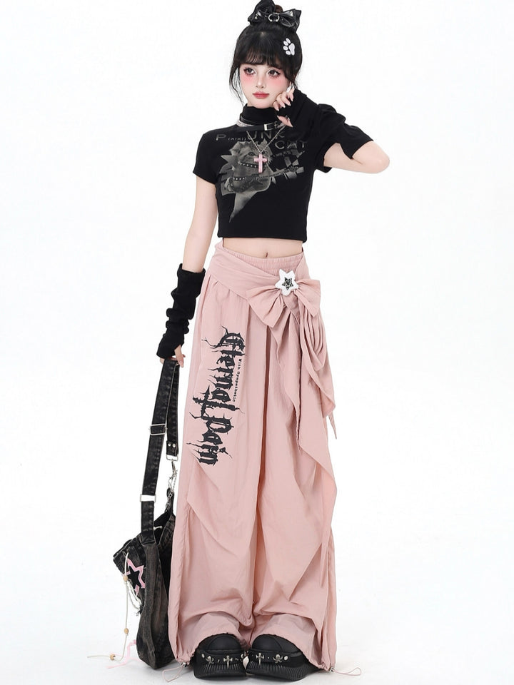 Gothic Bow Accent Graphic Wide Leg Pants
