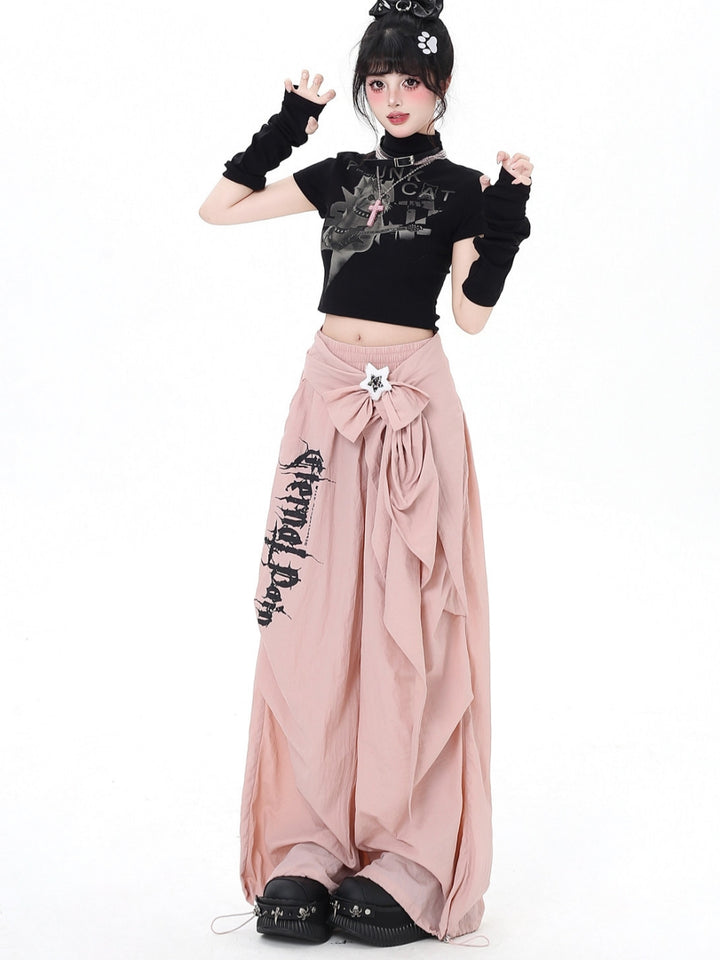 Gothic Bow Accent Graphic Wide Leg Pants