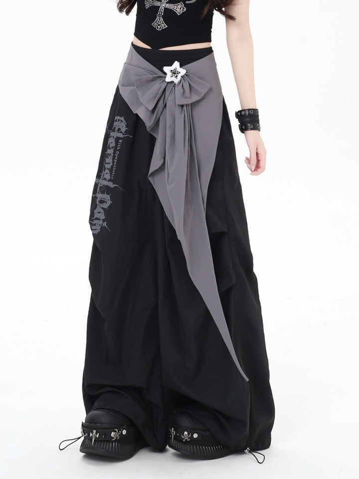 Gothic Bow Accent Graphic Wide Leg Pants