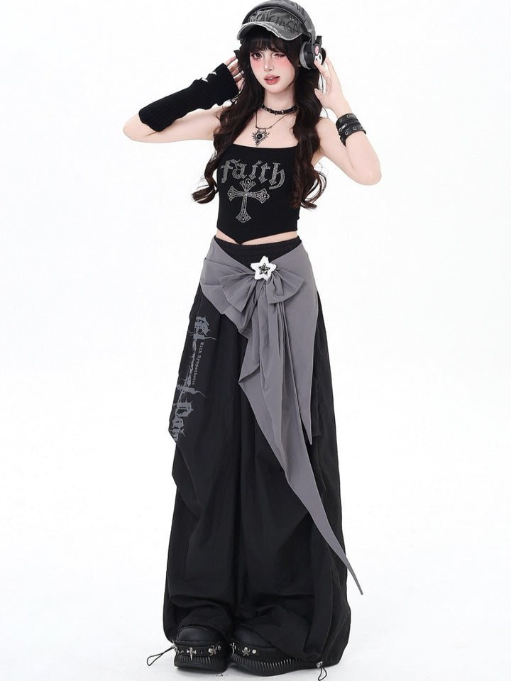Gothic Bow Accent Graphic Wide Leg Pants