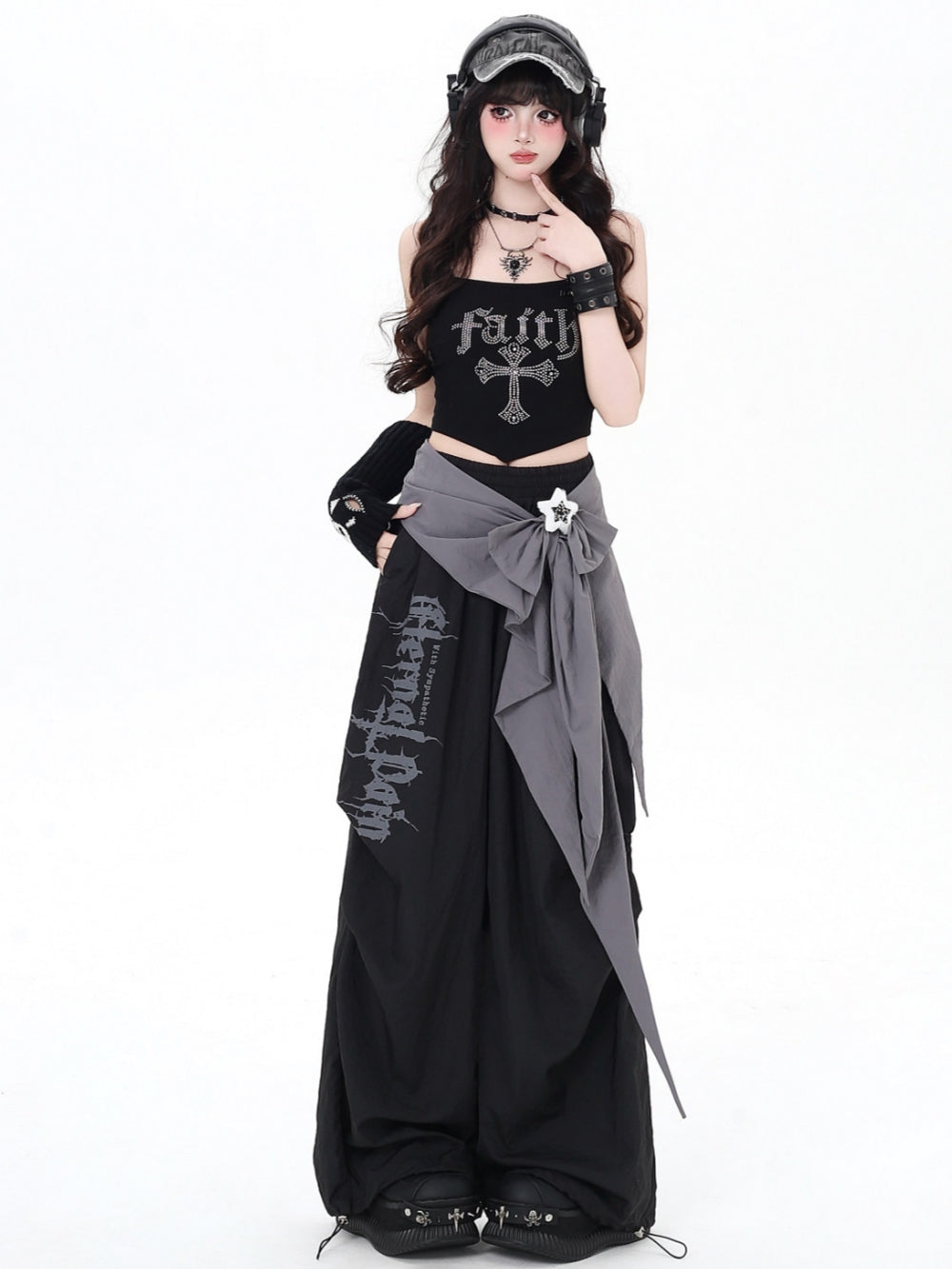 Gothic Bow Accent Graphic Wide Leg Pants