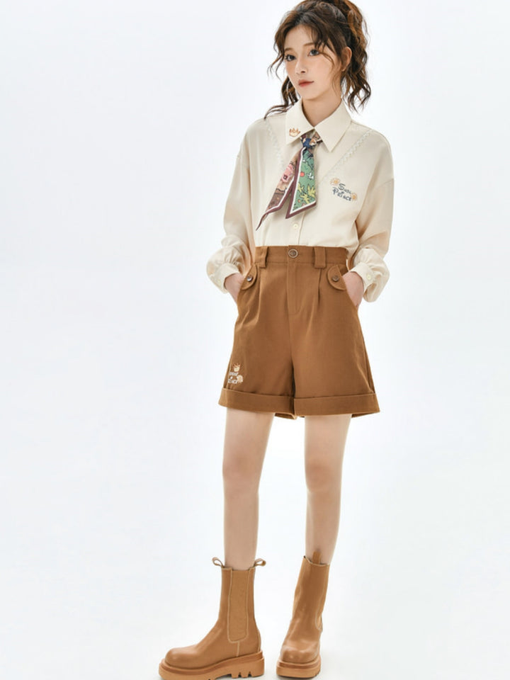 Vintage Forest Academy Embroidered Brown Shorts