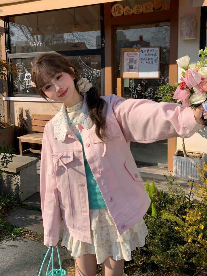 Pink Lace Collar Bow Jacket