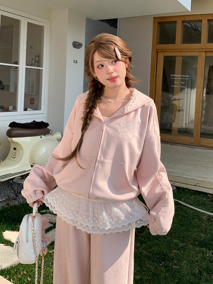 Kawaii Pink Lace Trim Bow Zip-up Hoodie