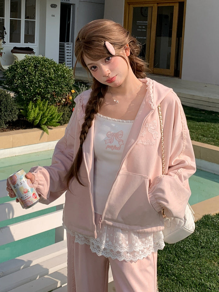 Kawaii Pink Lace Trim Bow Zip-up Hoodie