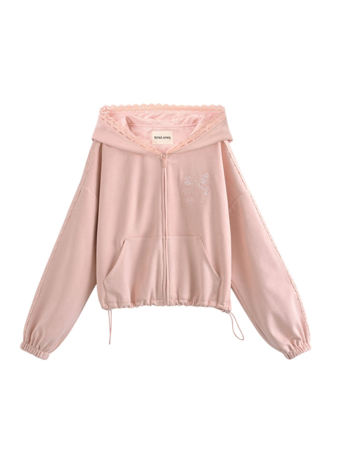 Kawaii Pink Lace Trim Bow Zip-up Hoodie