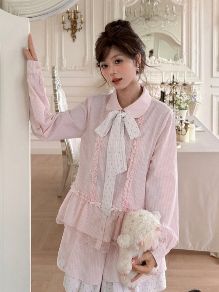 Pink Striped Lace Ruffle Bow Shirt