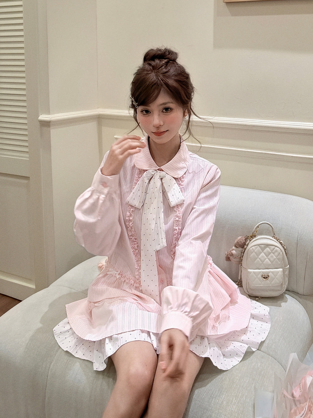 Pink Striped Lace Ruffle Bow Shirt